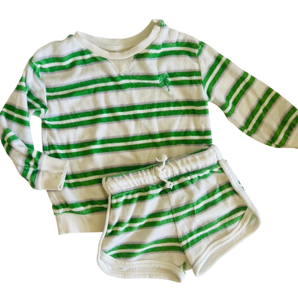 Little Co Green and White Striped Sweater and Shorts Set
